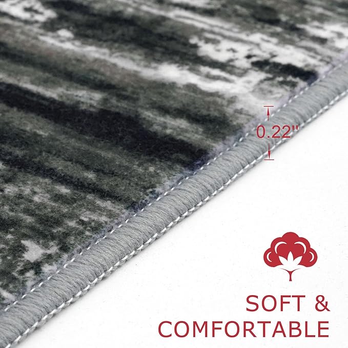 KOZYFLY Modern Abstract Washable Rug Runner 2.6x12 Hallway Rug Runner Non-Slip Soft Kitchen Runner Rugs, Black Grey Striped Carpet for Entryway Bathroom Laundry Room Foyer