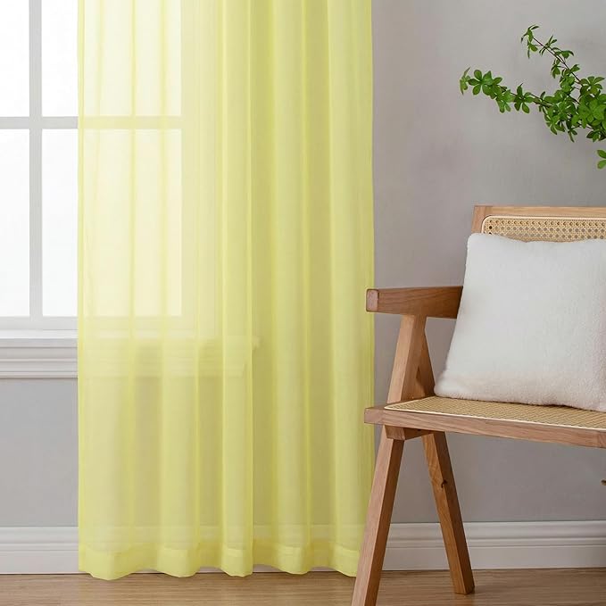 OWENIE Sheer Curtains 96 inches Long 2 Panels Set for Living Room/Bedroom, Rod Pocket Voile Sheer Panel Drapes, Airy Soft Fabric Window Treatments, 2pcs, Each 42" W x 96" L, Light Yellow