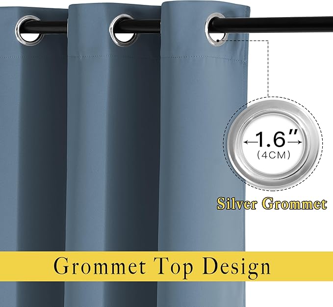 NICETOWN Smoky Blue Curtains 90 inch Length, Sound Reducing Thermal Insulated Grommet Room Darkening Window Treatments for Bedroom/Living Room, 2 Panels, W52 x L90, Smoky Blue