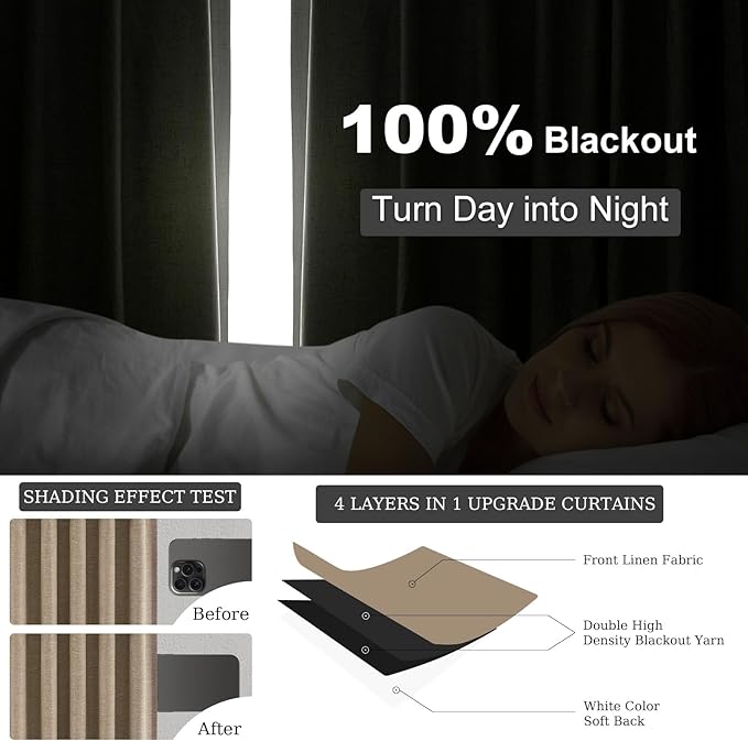Topfinel Total Blackout Curtains 72 Inches Long 2 Panels for Bedroom Burlap Linen Heavy Insulated Bay Window Curtains Boho Farmhouse Drapes for Bedroom/Cabin/Kitchen Dark Brown Flax(W52 x L72)