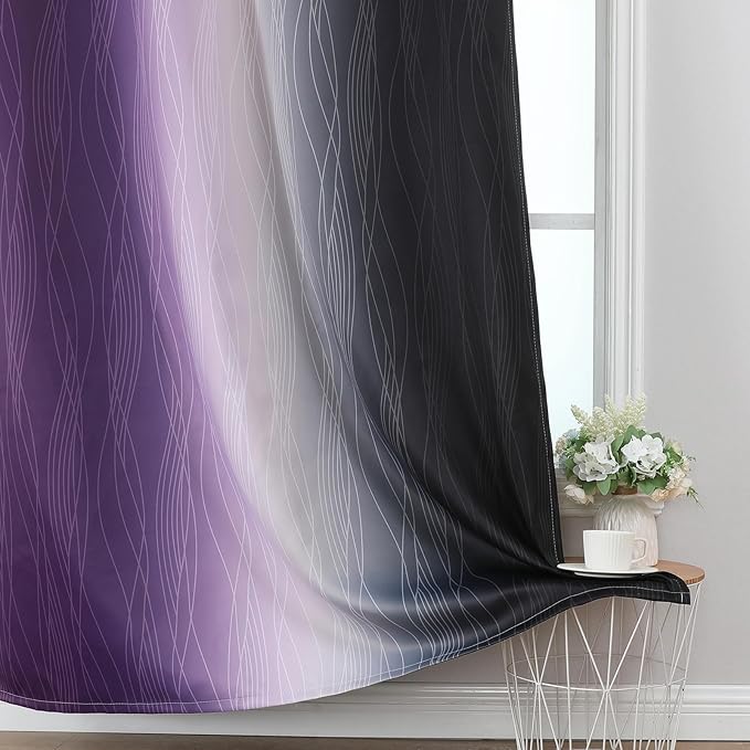 Estelar Textiler Purple and Black Ombre Blackout Curtains 102 Inches Long 2 Panels Set, Thermal Insulated Gradient Drapes for Bedroom, Energy Saving Grommet Curtains for Living Room,52Wx102L