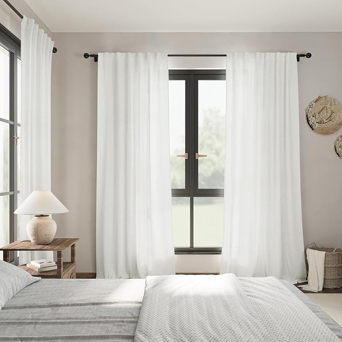 Off White Linen Curtains 108 Inches Long 2 Panels Set Back Tab Rod Pocket Semi Sheer Cotton Textured Light Filtering Extra Long Curtain Farmhouse High Ceiling Curtains for Living Room 9Ft 40x108
