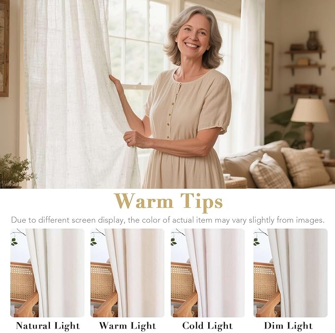 H.VERSAILTEX Decorative Linen Kitchen Curtains linen Curtains 63 inches Long Bedroom Window Treatments for Living Room Rich Linen Curtain Panels and Drapes, Nickel Grommet, Heathered Natural, 2 Panels