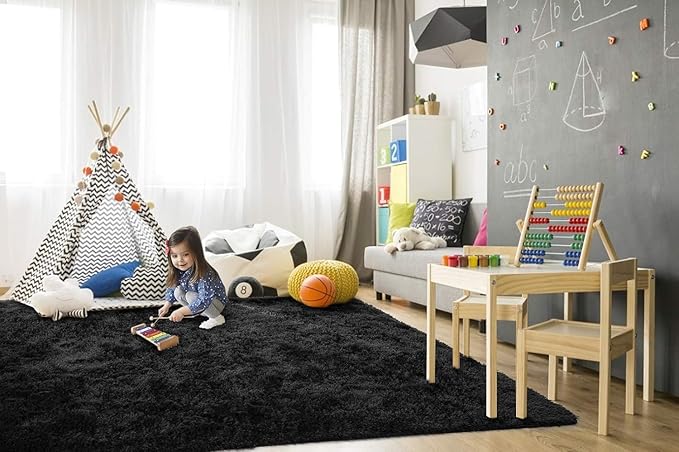 TWINNIS Super Soft Shaggy Rugs Fluffy Carpets,9x11 Feet, Indoor Modern Plush Area Rugs for Living Room Bedroom Kids Room Nursery Home Decor, Upgrade Anti-Skid Rectangular Fuzzy Rug, Black