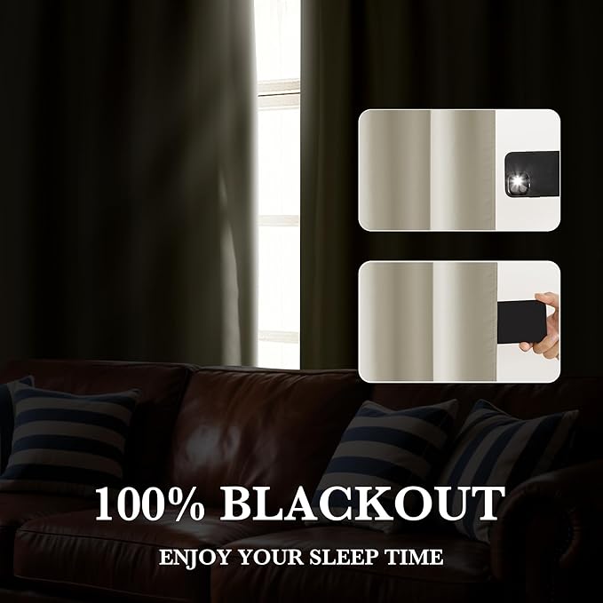 RYB HOME Bedroom Blackout Curtains 80 inches Long, 100% Blackout Thermal Insulated Noise Reducing Curtains for Living Room Nursury, 42 inches Wide by 80 inches Long, Natural