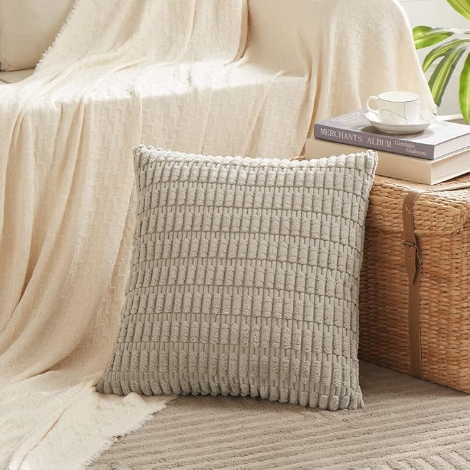 Fancy Homi 4 Packs Taupe Decorative Throw Pillow Covers 26x26 Inch for Living Room Couch Bed, Rustic Modern Farmhouse Boho Home Decor, Soft Plush Corduroy Cute Square Accent Cushion Case 60x60 cm