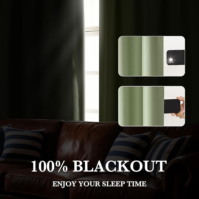 RYB HOME 100% Blackout Short Curtains for Small Window, Thermal Insulated Total Room Darkening Noise Reducing Curtains for Kitchen Bathroom Basement, 42 inches Wide by 45 inches Long, Sage Green