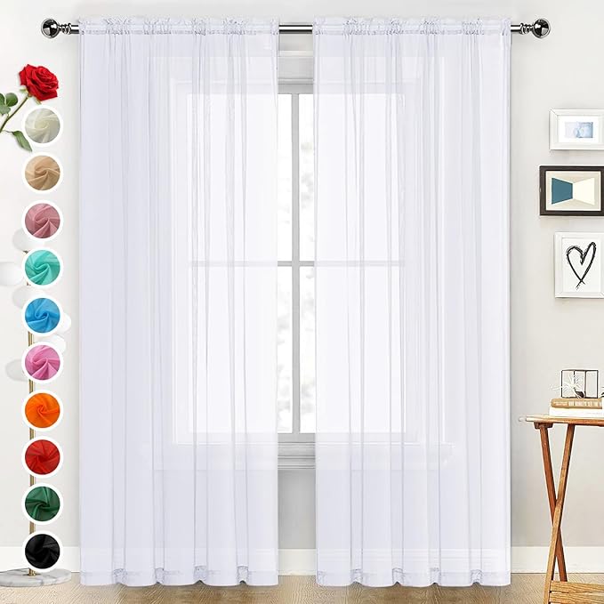 SpaceDresser Sheer Voile Window Treatment Rod Pocket Curtain Panels for Kitchen Bedroom Living Room Drapes Sunlight Filtering Privacy Semi Home Decor Assorted Colors Sizes (Optical White, 52 W x 90 L)