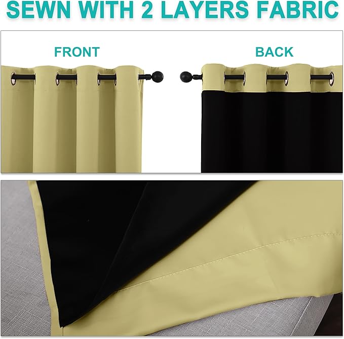 NICETOWN 100% Blackout Short Curtains with Black Liners, Solid Thermal Insulated Full Blackout 2-Layer Lined Drapes, Energy Efficiency Window Drapes for Bedroom (2 Panels, 37"W by 63"L, Paler Yellow)