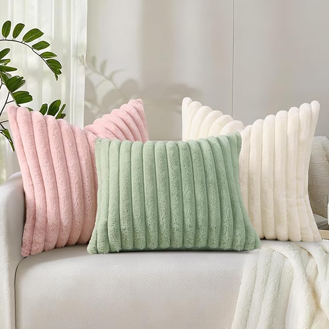 decorUhome Summer Cozy Faux Fur Throw Pillow Covers 26x26 Set of 2 Decorative Plush Striped Modern Farmhouse Boho Couch Euro Sham Pillow Cases with Velvet Back for Sofa Bed Living Room, Sage Green