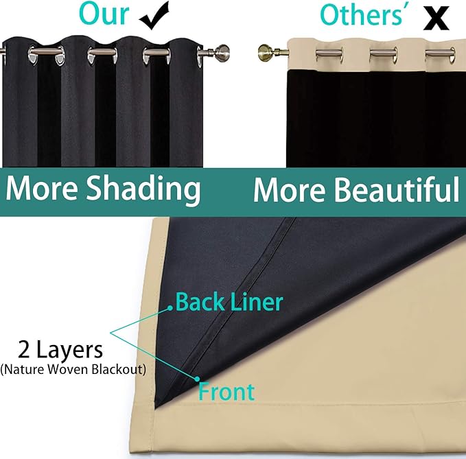 Yakamok Beige 100% Blackout Curtains for Bedroom with Black Liner, 2 Thick Layers Full Room Darkening Thermal Insulated Noise Reducing Grommet Blackout Curtains (52Wx54L, 2 Panels)