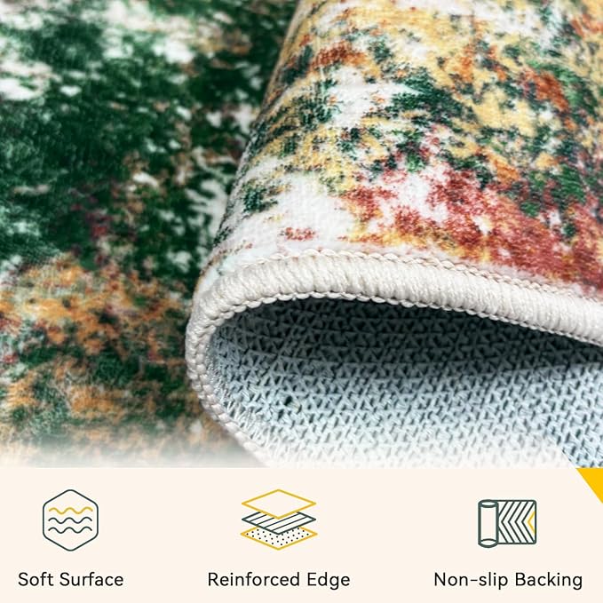 Washable Area Rugs 8ft Non-Slip Modern Abstract Soft for Living Room Entryway Bedroom Nursery, Print Pattern, Green Orange Rust Red Cream Colorful
