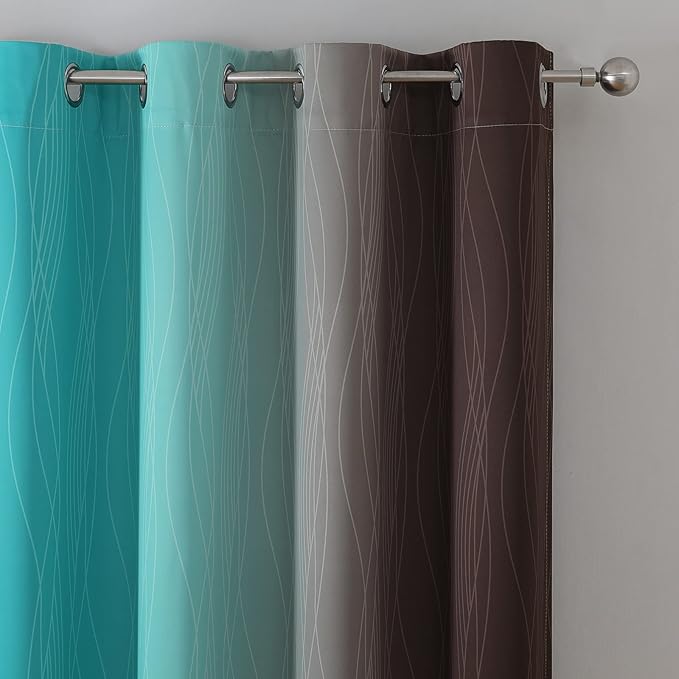 Estelar Textiler Teal and Brown Blackout Curtains for Bedroom, Thermal Insulated Drapes 108 Inches Long, Full Light Blocking Energy Saving Long Curtains for Living Room, 52Wx108L, 2 Panels