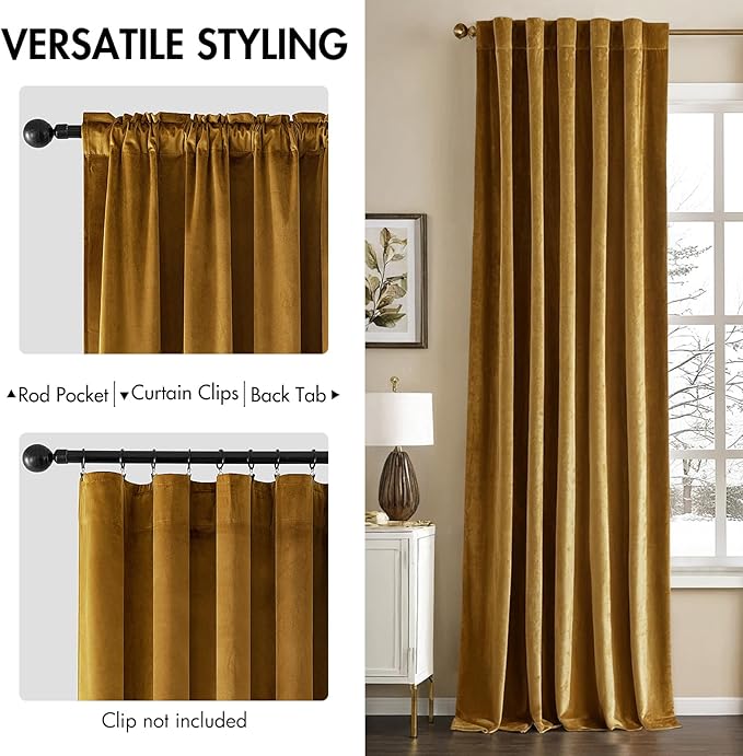 MIULEE Velvet Curtains 108 inches - Luxury Room Darkening Curtains for Bedroom Living Room Thermal Insulated Super Soft Window Drapes Rod Pocket & Back Tab, Gold, W52 x L108 inches, 2 Panels