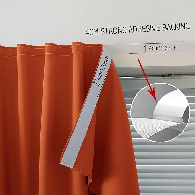 Self Adhesive Curtains Portable Blackout Curtain Simple and Easy to Install Bedroom Window Thermal Lnsulated Kitchen Room Darkening Black Small Drapes, 59" W X 84" L, Orange, 1 Panel