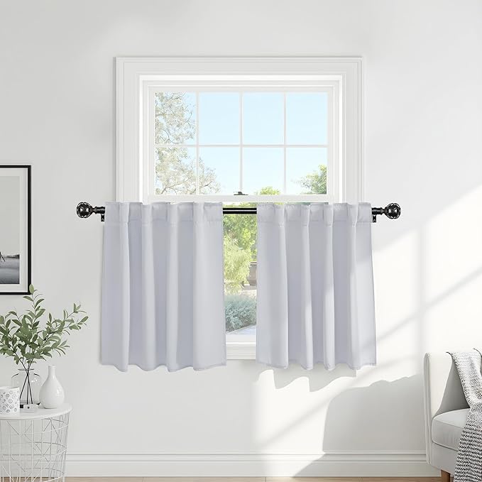 Pony Dance Short Curtains for Bathroom Window, Half Drapes for Kitchen Window, loft Thermal Insulated Curtain Tiers for Bedroom/Basement, Long 24 x Wide 29 inches per Panel, Greyish White, Set of 2