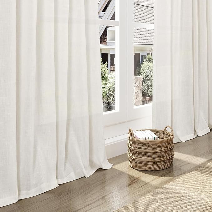 Nanspring Beige White Linen Curtains 96 Inches Long for Living Room Privacy Light Filtering Semi Sheer Curtain Back Tab and Rod Pocket Coastal Decor Drapes for Bedroom Dinner 40 X 96, 2 Panels