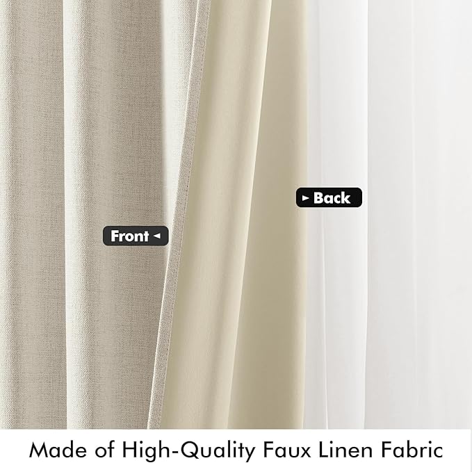 MIULEE 100% Blackout Linen Curtains for Bedroom, Linen Beige Solid Luxury Decor Thermal Insulation Room Darkening Drapes for Living Room Nursery Back Tab Rod Pocket 42 x 96 Inches, 2 Panels