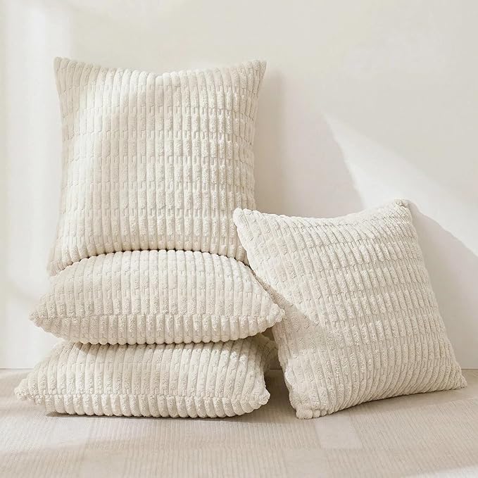 Fancy Homi 4 Packs Boho Cream Decorative Throw Pillow Covers 22x22 Inch for Living Room Couch Bed Sofa, Rustic Modern Farmhouse Home Decor, Soft Plush Corduroy Beige Cute Square Cushion Case 55x55 cm