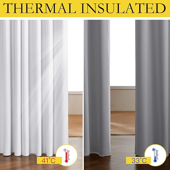 NICETOWN 100% Absolutely Blackout Linen Curtains with Thermal Insulated White Liner, White, 52" Wide, Long Curtains 95" Long 2 Panels Set for Living Room, Thermal Insulated Privacy Drapes for Bedroom