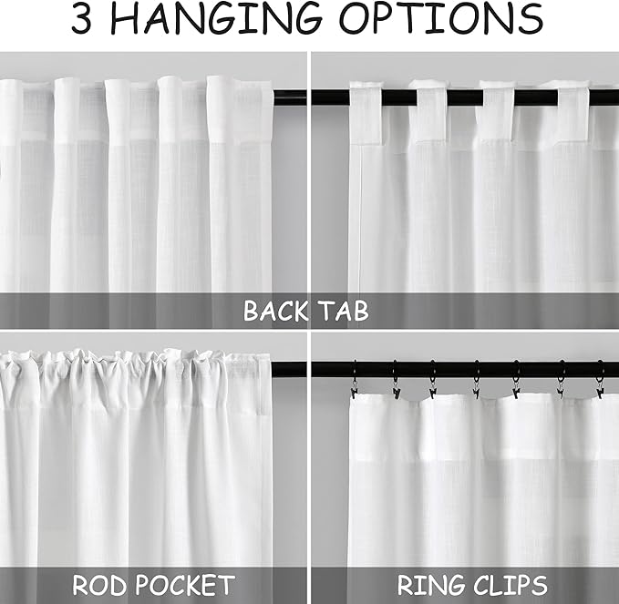 White Linen Curtains 84 Inch Length 2 Panels Back Tab Rod Pocket Semi Sheer Bedroom Curtains Light Filtering Country Closet Curtain Drapes Netural Farmhouse Window Panels for Living Dining Room 42x84