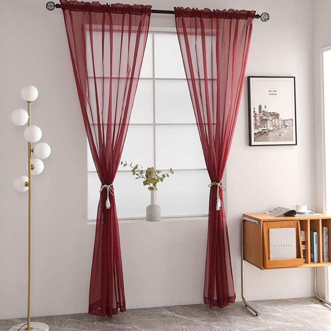 SpaceDresser Sheer Voile Window Treatment Rod Pocket Curtain Panels for Kitchen Bedroom Living Room Drapes Sunlight Filtering Privacy Semi Home Decor Assorted Colors Sizes (Burgundy, 52 W x 45 L)