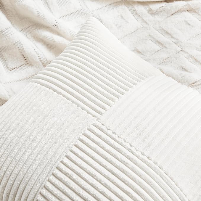 Fancy Homi 2 Packs Cream White Lumbar Decorative Throw Pillow Covers 20x28 Inch for Couch Bed Sofa, Rustic Farmhouse Boho Home Decor, Soft Striped Corduroy Rectangle Accent Cushion Case 50x70 cm