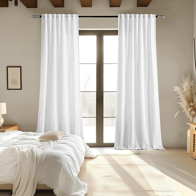 MIULEE White Linen Curtains 80 Inch Length 2 Panels for Bedroom Living Room, Soft Thick Linen Textured Back Tab Window Drapes Semi Sheer Light Filtering Rod Pocket Modern Farmhouse Decor