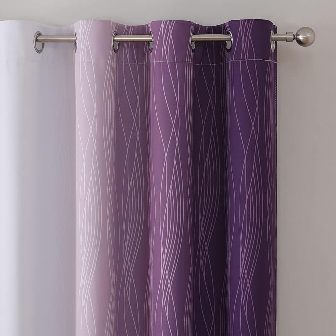 Estelar Textiler Purple and Greyish White Ombre Blackout Curtains 90 Inch Length 2 Panels Set,Thermal Insulated Drapes for Bedroom,Full Room Darkening Grommet Gradient Curtains for Living Room,52Wx90L