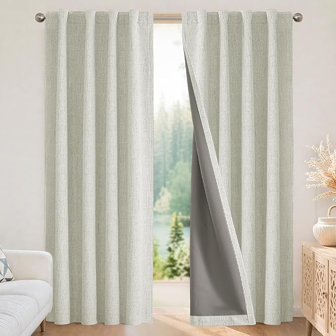 Joydeco Linen Blackout Curtains for Bedroom - 100% Light Blocking 1 Panels, Light Beige Drapes 100" W x 120" L, Thermal Insulated Room Darkening Curtains for Living Room, Rod Pocket & Back Tabs