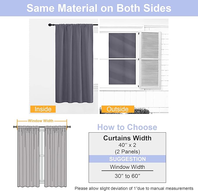 Simplebrand Ava Grey Short 36 Inches Blackout Curtain 2 Panels Set, Half Window Rod Pocket Privacy Curtain Tiers for Kitchen, Curtains Blackout for Bathroom Shades, W40 x L36 Inch, Grey