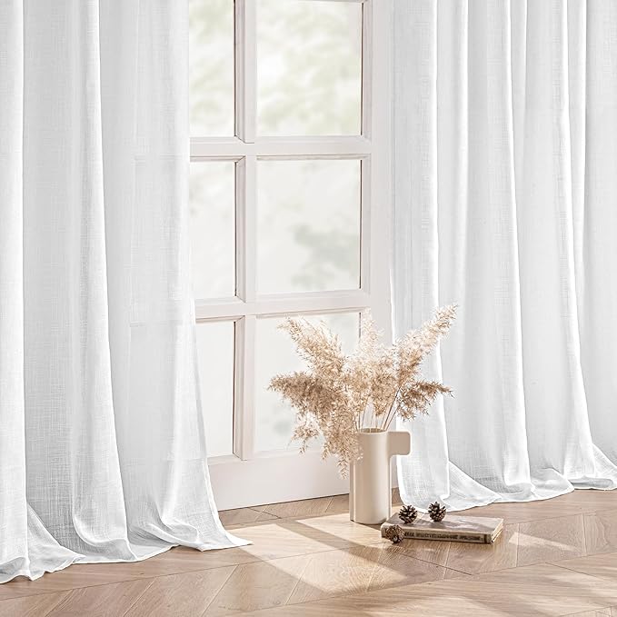 MIULEE White Linen Curtains 120 Inches Long 2 Panels for Bedroom Living Room, Soft Thick Linen Textured Back Tab Window Drapes Semi Sheer Light Filtering Rod Pocket Modern Farmhouse Decor