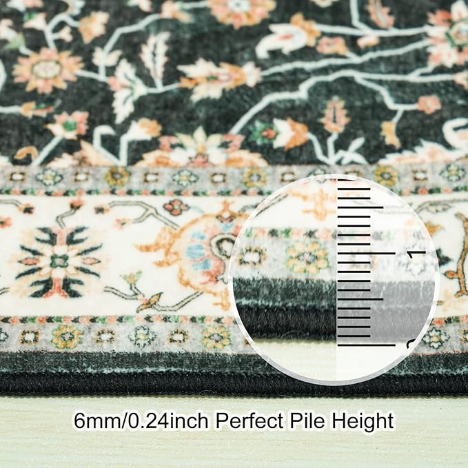 Washable 3x10 Hallway Runner Rug: Black Vintage Rug Runner Ultra Soft Low Pile Stain Resistant Carpet for Kitchen Living Room Bedroom Entryway Durable Thin Indoor Floor Mat (Black, 3x10)