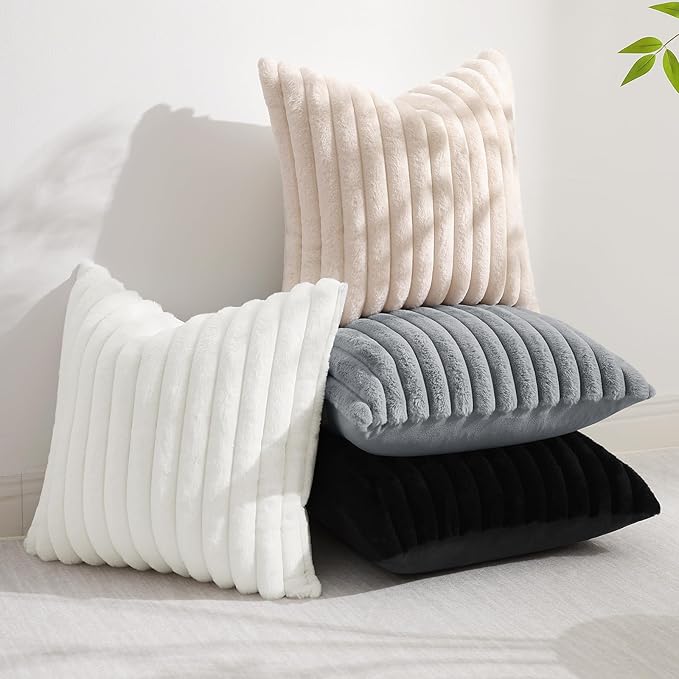 decorUhome Summer Cozy Faux Fur Throw Pillow Covers 18x18 Set of 2 Decorative Soft Plush Striped Modern Farmhouse Boho Couch Pillow Cases with Velvet Back for Sofa Bed Living Room, White