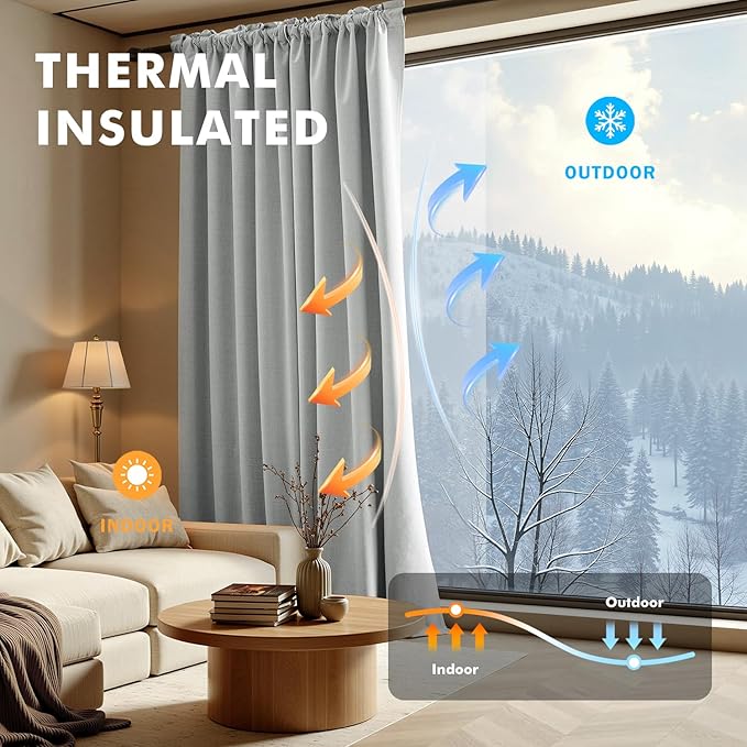 MIULEE 100% Blackout Linen Curtains for Bedroom, Grey Solid Luxury Decor Thermal Insulation Room Darkening Drapes for Living Room Nursery Back Tab Rod Pocket 42 x 96 Inches, 2 Panels