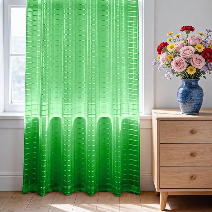 SpaceDresser Check Sheer Curtains 90 Inches 2 Panels Set, Rod Pocket Plaid Window Curtain for Living Room, Green Semi Sheer Drapes for Kitchen Bedroom Children Room Yard（Green, 52W x 90L）