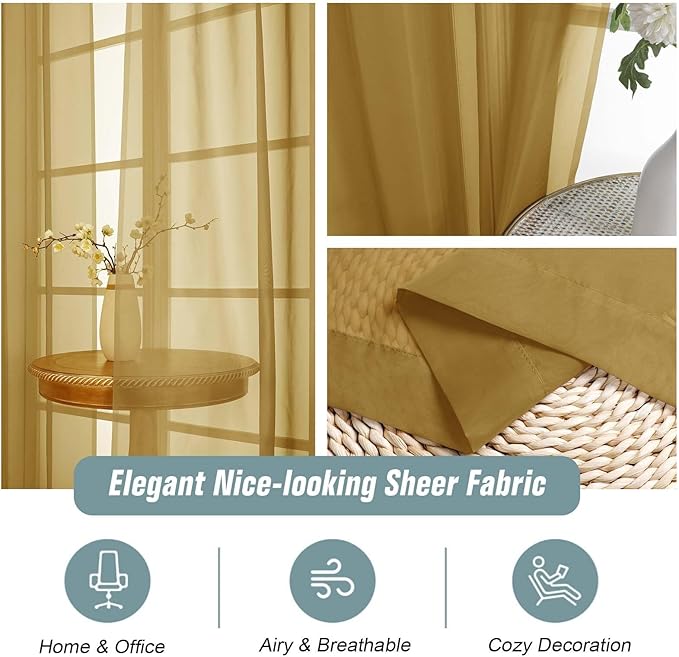 Gold Sheer Curtains 90 Inches Long 2 Panels, Light Filtering Solid Sheer Curtains for Bedroom Living Room, Lightweight Soft Airy Window Voile Sheer Drapes, Dual Rod Pocket, 2x42Wx90L Inches