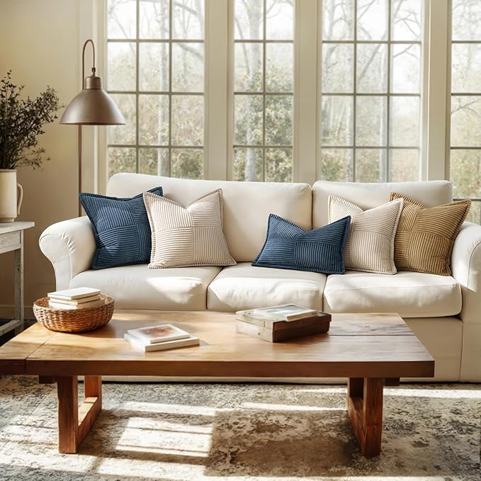 MIULEE Decorative Lumbar Throw Pillow Covers for Couch Bed Livingroom 14x22 Inch Set of 2 Blue Boho Accent Throw Pllows Broadside Striped Patchwork Soft Corduroy Summer Coastal Pillowcases