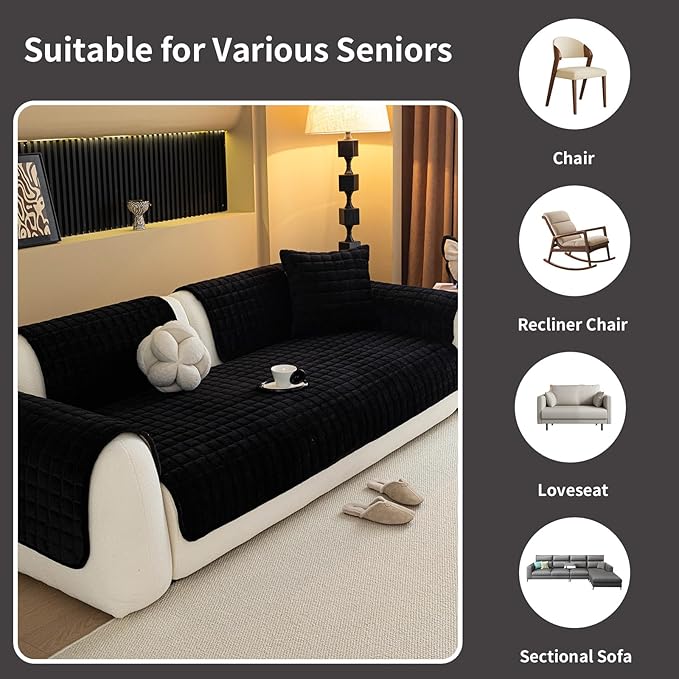 Velvet Couch Cover, Plush Sectional Sofa Cover Washable, Anti Slip Sofa Slipcover for Armrest & Backrest, Furniture Protector Covers for Pets & Kids(1PC, Black, 27.6"×27.6", Single Seater)