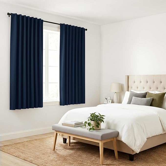 PONY DANCE Blackout Window Curtains - Double Panels Back Tab & Rod Pocket Thermal Insulated Short Drapes for Kitchen Bedroom, 52 Wide x 45 Long Per Panel, Navy Blue, 2 Pieces