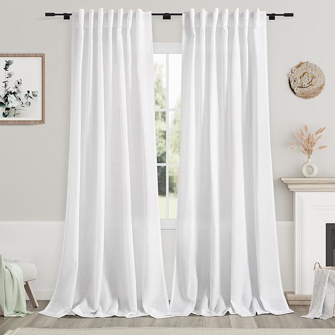 Nanspring White Extra Long Curtains for Dinning Room 117 Inches Long 2 Panels Set Back Tab Rod Pocket Light Filtering Semi Sheer Drapes Linen Textured Window Curtain for Bedroom 52x117