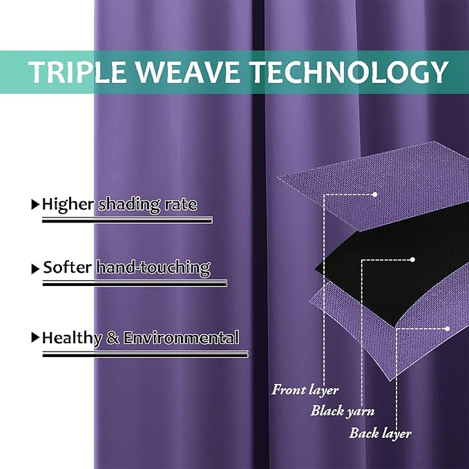 NICETOWN Total Shade Curtains and Draperies, Heavy-Duty Full Light Shading Drapes with Black Liner Backing for Villa/Hall/Dorm Window（Lilac Purple, Package of 2 Panels, 62 inches Wide x 95 inches Long