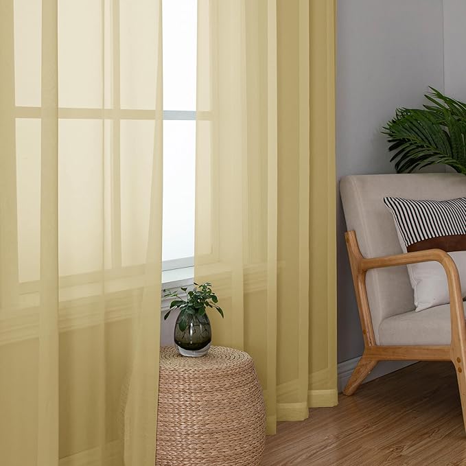 Simplebrand Gold Short Sheer Curtains 45 Inch Length for Small Windows, Rod Pocket 2 Panels Set Solid Voile Drapes Window Sheer Curtains for Bedroom Bathroom Kids Room Kitchen, 42x45 Inch, 2pcs