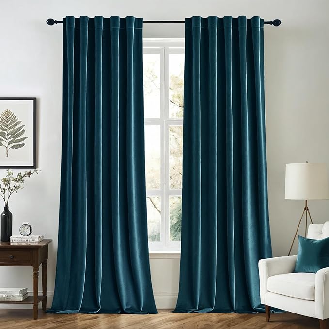 MIULEE Blue Velvet Curtains 84 inches 2 Panels - Luxury Room Darkening Curtains for Bedroom Living Room Thermal Insulated Super Soft Window Drapes Rod Pocket & Back Tab, Peacock Blue