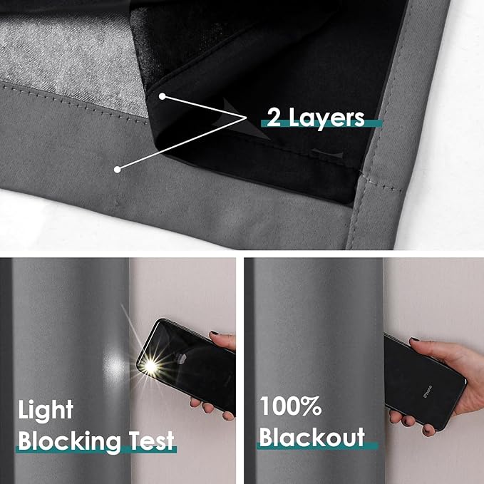ChrisDowa 100% Blackout Curtains 108 inch Long for Bedroom with Black Liner, 2 Thick Layers Total Blackout Thermal Insulated Grommet Window Curtains 2 Panels Set (Grey, 52 x 108 Inch)