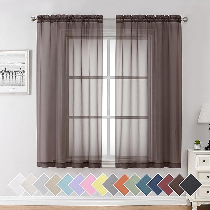 Aiyufeng Chocolate Sheer Curtains 63 Inches Long 2 Panels, Solid Voile Top Dual Rod Pockets Stylish Breathable Drapes Window Treatment for Kid's Room/Bedroom/Living Room, 40W x 63L, Chocolate Brown