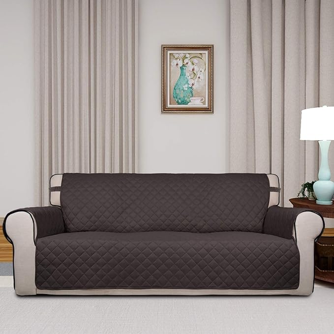 PureFit Reversible Quilted Sofa Cover, Water Resistant Slipcover Furniture Protector, Washable Couch Cover with Non Slip Foam and Elastic Straps for Kids, Pets (X Large, Chocolate/Chocolate)