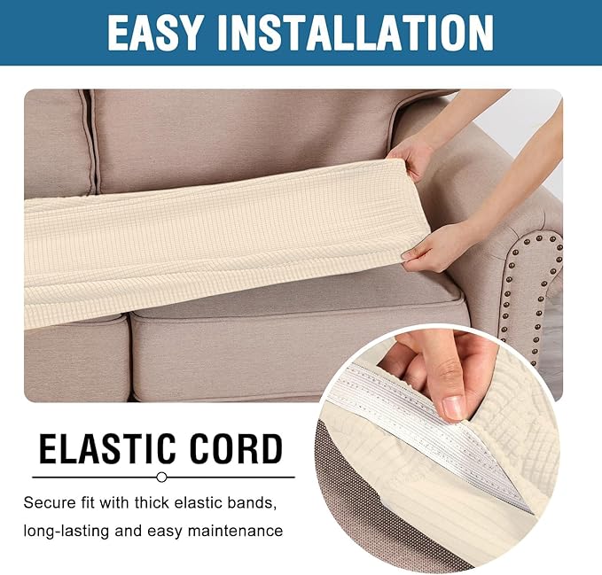 H.VERSAILTEX Super Stretch Individual Seat Cushion Covers Sofa Covers Couch Slipcover Sets Thick Jacquard Textured Twill Fabric (3 Piece Sofa Cushion Covers, Cream)