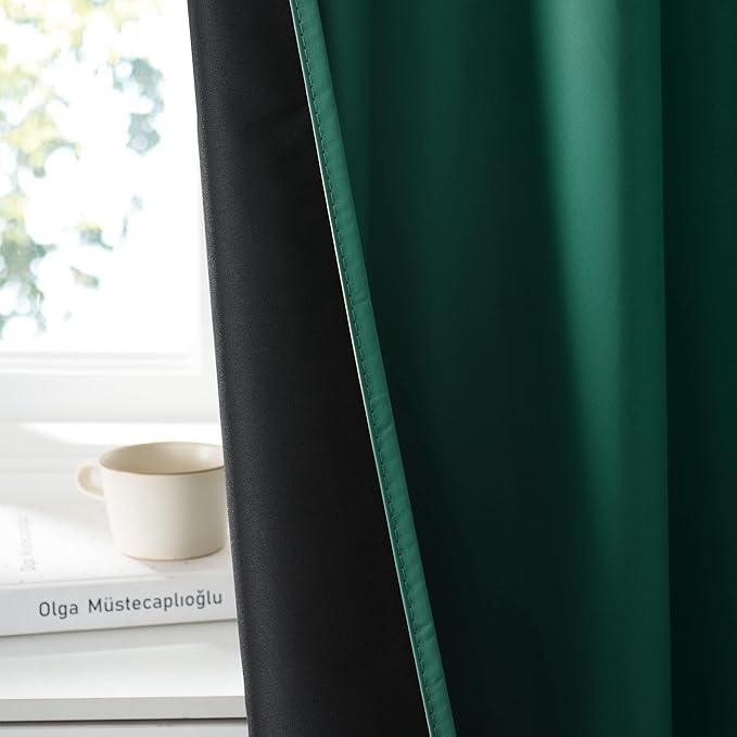 RYB HOME 100% Blackout Short Curtains for Small Window, Thermal Insulated Total Room Darkening Noise Reducing Curtains for Kitchen Bathroom Basement, 34 inches Wide by 48 inches Long, Dark Green