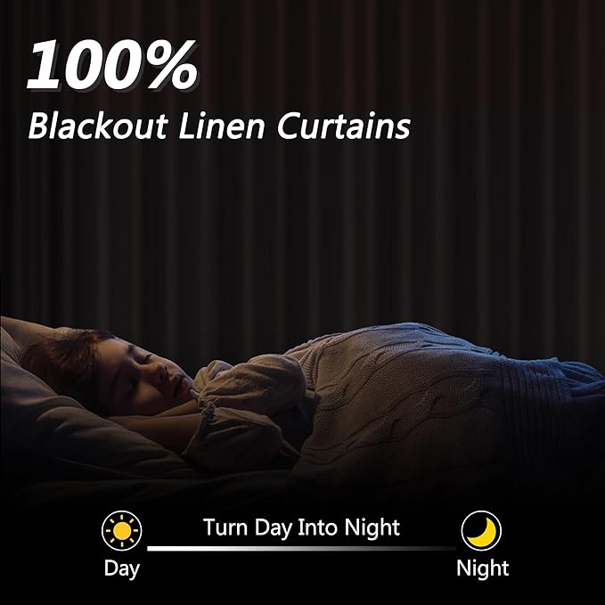 Guken 100% Blackout Linen Curtains 132 Inch Length 2 Panels Set for Living Room Bedroom Back Tab Thermal Insulated Black Out Drapes Room Darkening Farmhouse Style for Bedroom Window Curtains 52x132